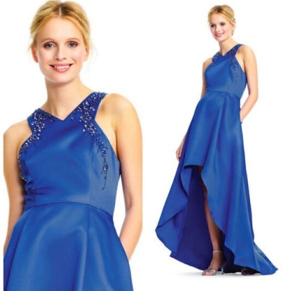 Adrianna Papell High Low Maxi Dress Gown Blue High Lo